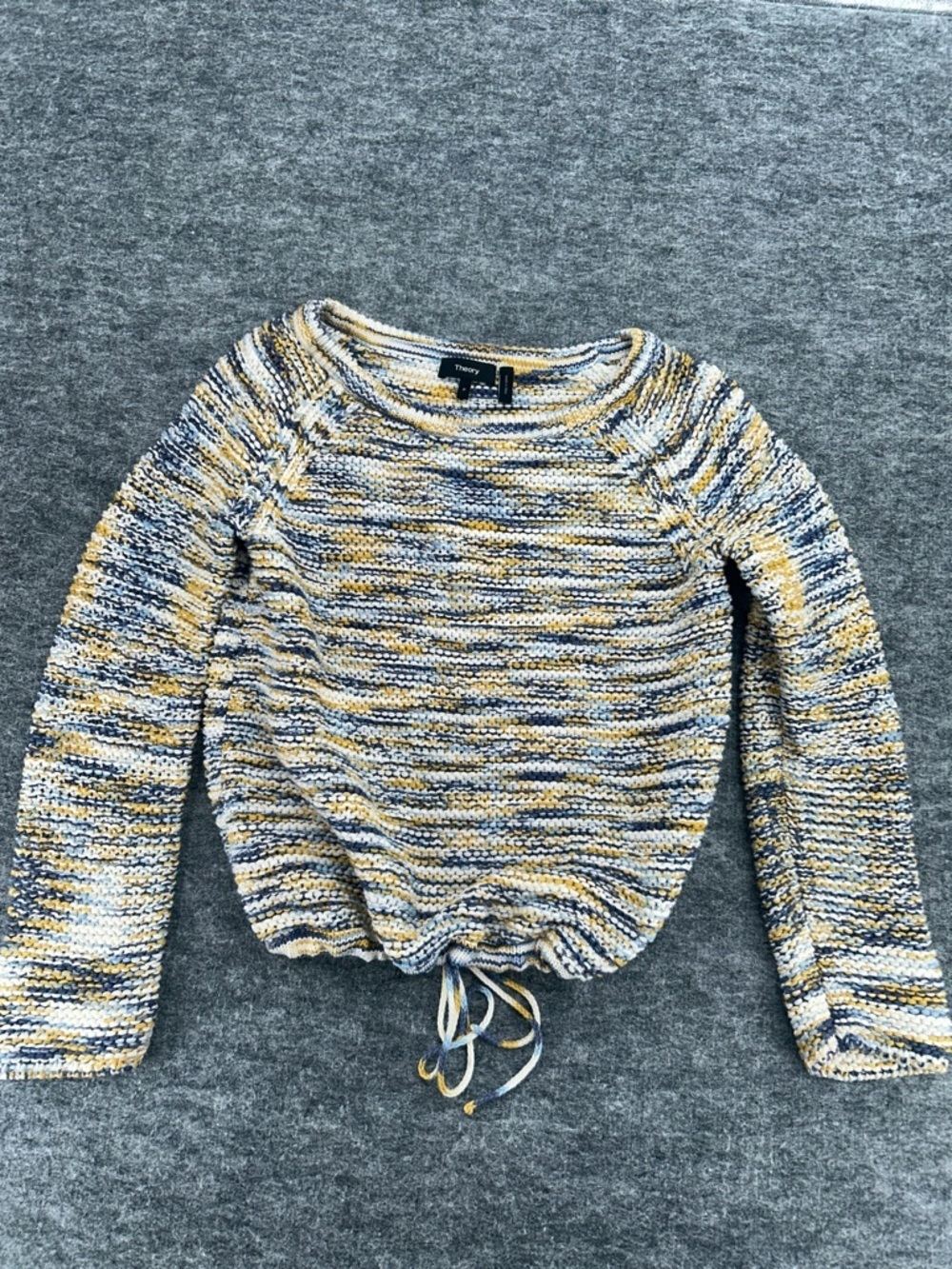 Theory Women’s Striped Marled Drawstring Sweater — Yellow, Blue, Cream